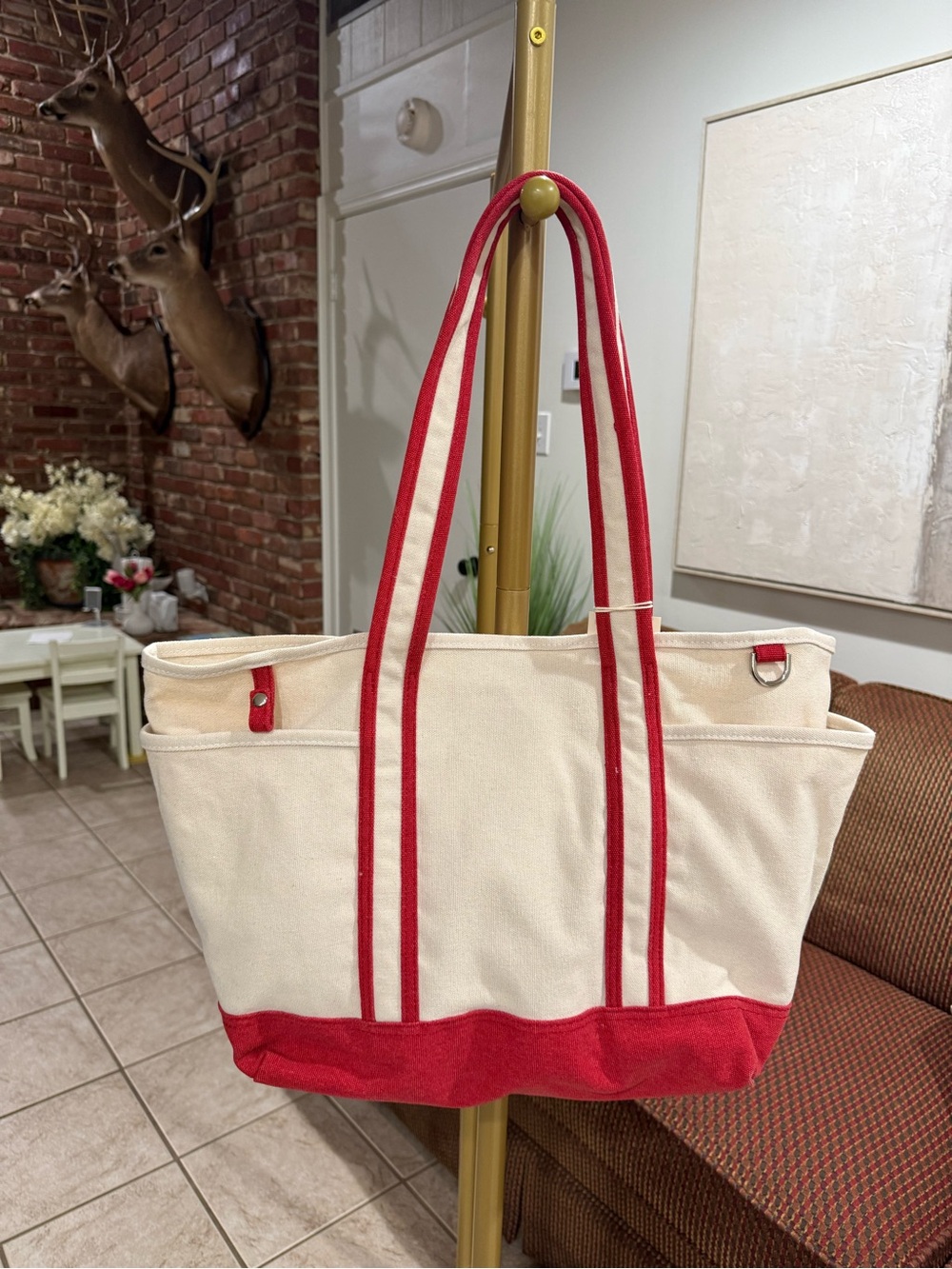 Universal Thread Cream Canvas Tote with Red Trim and Straps NWT